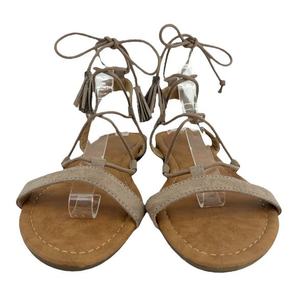 Boho Gladiator Womens US 7 Brown Faux Leather Suede Ankle Wrap Sandals Shoes - Picture 4 of 10